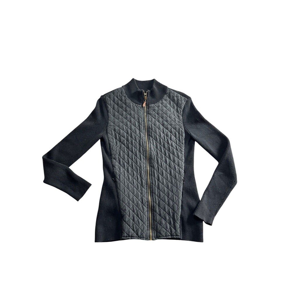J. McLaughlin Full Zip Quilted Jacket Pockets Women's XS Black Silk Ribbed